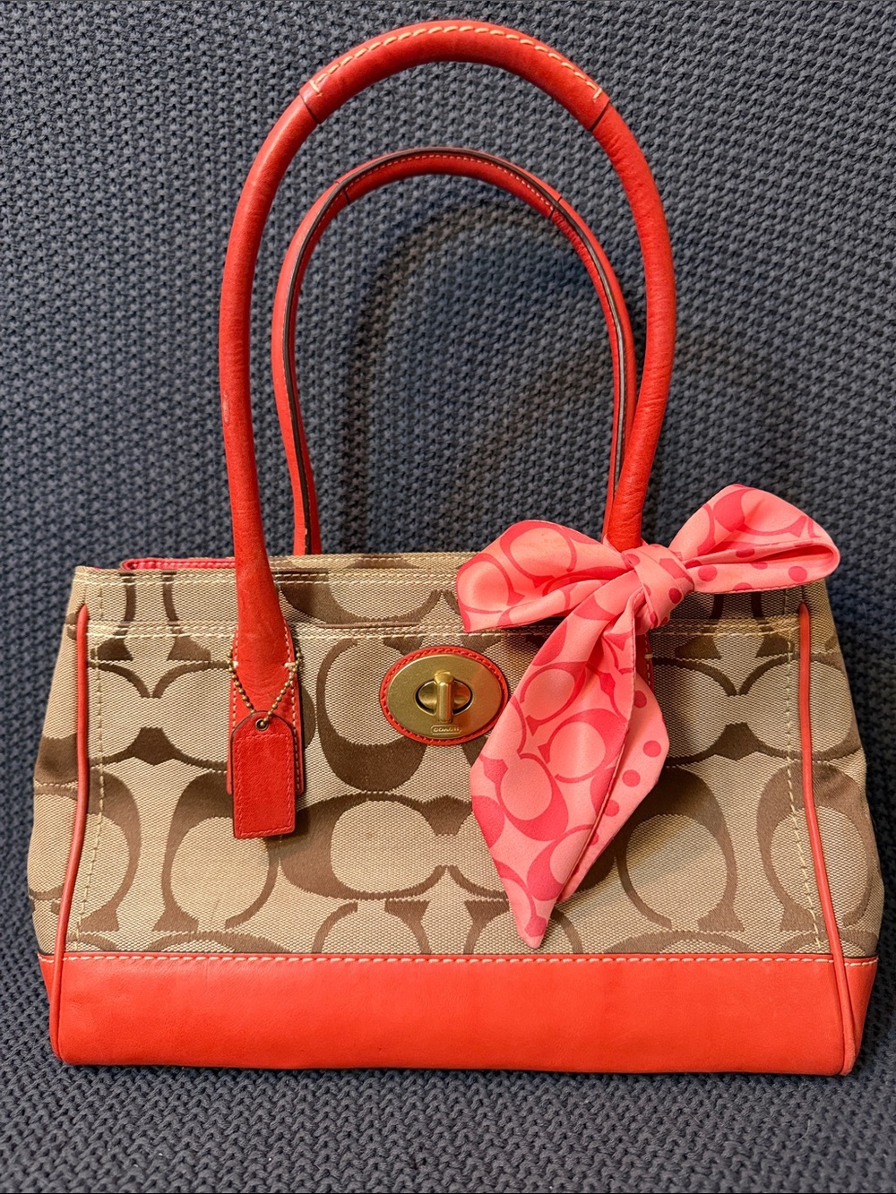 Coach Beige Signature Satchel with Coral Leather Trim and Coral Scarf
